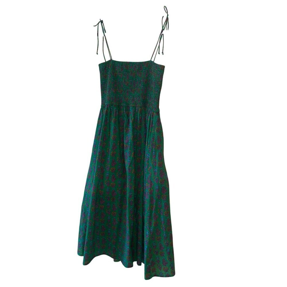 Maisie Womens Dress Size Large Green Smocked Floral Midi Pockets Pure Cotton